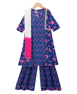 Pine Kids Cotton Woven Three Fourth Sleeves Kurti & Salwar Set with Floral Print - Blue