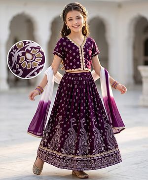 Pine Kids Woven Lehenga Choli and Dupatta with Half Sleeves and Floral Print - Violet