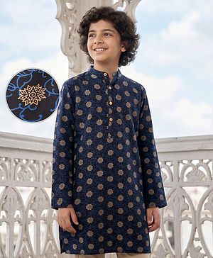 Pine kids 100% Cotton Woven Full Sleeves Floral Foil Printed Kurta - Navy Blue