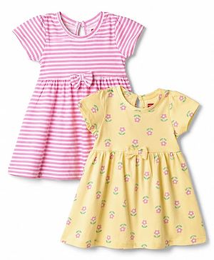 Babyhug Single Jersey Knit Half Sleeves Striped & Floral Printed Frocks With Bow Applique Pack Of 2 - Pink & Yellow