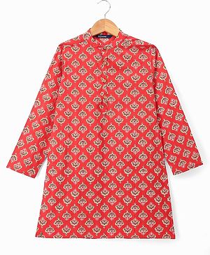 Pine Kids Cotton Woven Full Sleeves Kurta With Floral Print - Red