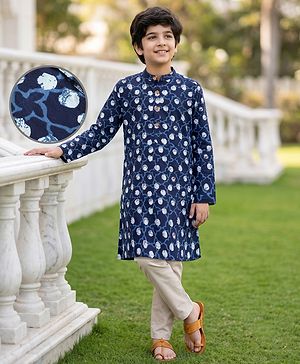 Pine Kids Cotton Woven Full Sleeves Printed Kurta Pyjama Set - Navy Blue