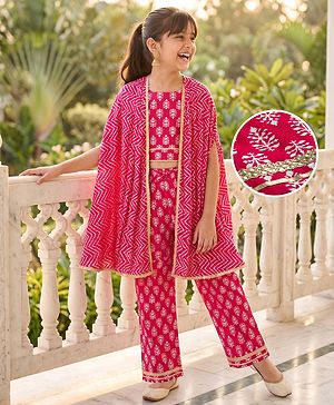 Pine Kids Rayon Woven Sleeveless Bandhani Printed Top Pant Set with Ethnic Jacket - Dark Pink