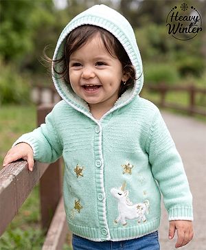 Babyhug Knit Full Sleeves Front Open Hooded Sweater with Unicorn Patch in Turquoise