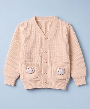 Babyhug Knit Front Open Sweater with Full Sleeves and Fox Applique in Peach