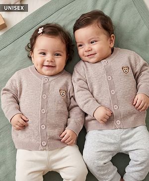 Babyhug Cotton Knit Front Open Sweater with Full Sleeves and Bear Embroidery in Beige