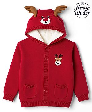 Babyhug Fur- Lined Knit Full Sleeves Hooded Sweater with Rain Deer Embroidery - Red