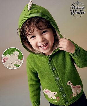 Babyhug Fur- Lined Knit Full Sleeves Dino Embroidered Hooded Sweater - Green