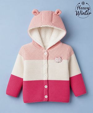 Babyhug Fur- Lined Knit Full Sleeves Front Open Hooded Colour Block Sweater with Animals Face Applique - Pink