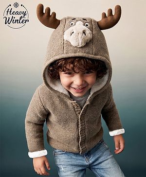 Babyhug Fur- Lined Knit Full Sleeves Front Open Hooded Solid Colour Sweater with Reindeer Face Applique - Tan