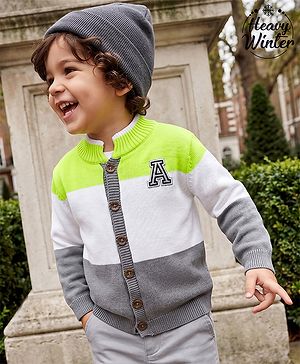 Babyhug Knit Full Sleeves Alphabet Embroidered Front Open Sweater - Lime Green