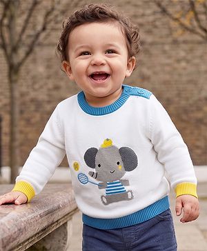 Babyhug 100% Cotton Knit Full Sleeves Pullover with Elephant Design - White & Blue