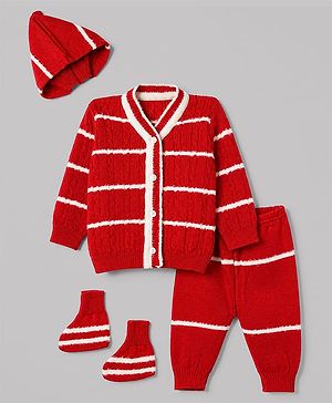 Babyhug Knit Full Sleeves Striped Sweater Set with Cap & Booties in Red