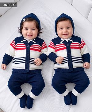 Babyhug Knit Full Sleeves Striped Sweater Set With Cap & Booties - Navy Blue