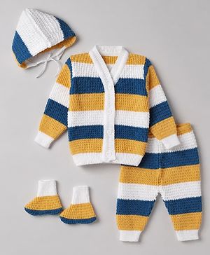 Babyhug Waffle Knit Full Sleeves Sweater Sets with Cap, Booties and Striped Design in Navy Blue