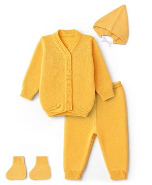 Babyhug Knit Full Sleeves Sweater Set with Cap & Booties - Yellow
