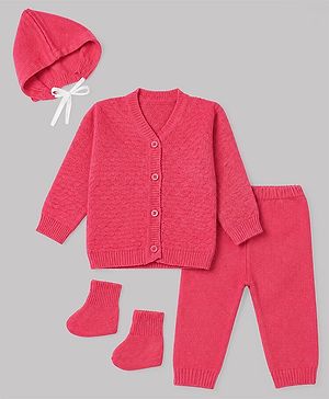 Babyhug Knit Full Sleeves Sweater Set with Cap & Booties in Dark Pink