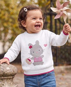 Babyhug 100% Cotton Knit Full Sleeves Pullover with Bunny Design - White & Pink