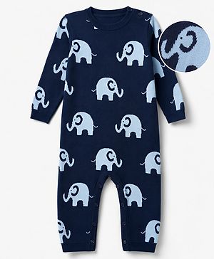 Babyhug 100% Cotton Knit Full Sleeves Winter Wear Romper With Elephant Design - Navy Blue