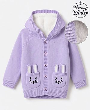 Babyhug Fur- Lined Knit Full Sleeves Front Open Hooded Sweater with Bunny Patch - Lilac