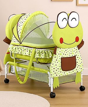Babyhug Froggy Print Cradle with Mosquito Net and Swing Lock function - Green| Storage Basket| Wheels with Lock| Easy Assembly