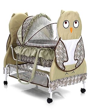 Babyhug Owl Print Cradle with Mosquito Net and Swing Lock function - Green| Storage Basket| Wheels with Lock| Easy Assembly