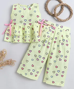 Knitting Doodles Cotton Woven
                              Sleeveless Hearts Printed Coordinating
                              Layered Top & Pants Set - Yellow
