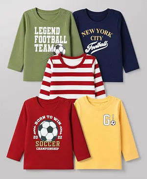 Doodle Poodle Single Jersey 100% Cotton Knit T-Shirt with Full Sleeves and Sports & Striped Print in Red & Green Pack of 5