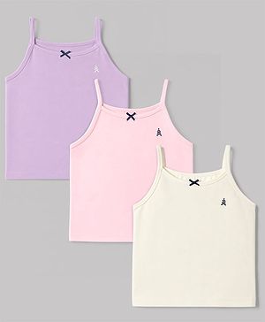 Pine Kids Cotton Lycra Knit Sleeveless Solid Slips With Bow Applique Pack Of 3 - Purple Pink & White