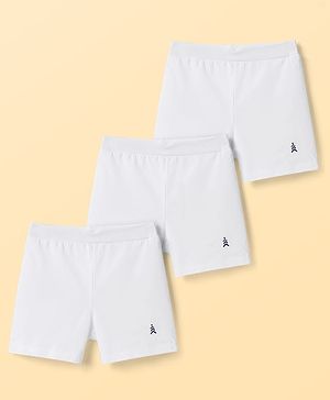 Pine Kids Cotton Lycra Knit Solid Cycling Shorts With Logo Print Pack Of 3  - White