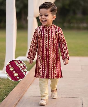 Babyhug Georgette Woven Full Sleeves Embroidered & Sequinned Kurta Pajama Set - Dark Red
