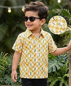 Babyhug 100% Cotton Cambric Woven Half Sleeves Floral Printed Shirt - Yellow