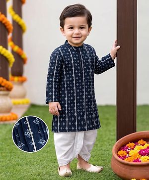 Babyhug 100% Cotton Cambric Woven Full Sleeves Pintucked Floral Printed Kurta Dhoti Set - Blue