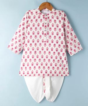 Babyhug 100% Cotton Cambric Woven Full Sleeves Floral Printed Kurta & Dhoti Set - White