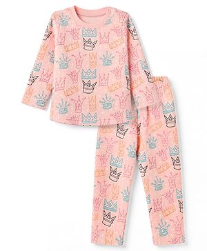 Babyhug Cotton Knit Full Sleeves Quilted Co-Ords T-Shirt & Pyjama Winter Wear Night Suit with Crown Print - Pink