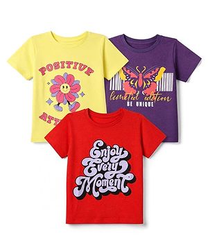 Pine Kids Cotton Knit Half Sleeves T-Shirts with Positive Attitude & Enjoy Every Moment Text and Flower Butterfly Print Pack of 3 - Yellow Red & Purple
