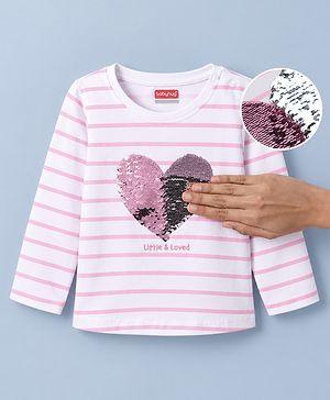 Babyhug 100% Cotton Knit T-Shirt with Full Sleeves, Stripe and Heart Sequins in White