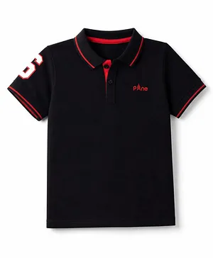Pine Kids Cotton Knit Half Sleeves Polo T-Shirt with Number Print - Black