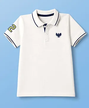 Pine Kids Cotton Knit Half Sleeves Polo T-Shirt with Number Print - White