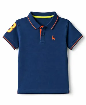 Pine Kids Cotton Knit Half Sleeves Polo T-Shirt with Number Print - Navy Blue