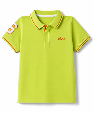 Pine Kids Cotton Knit Half Sleeves Polo T-Shirt with Number Print - Limegreen
