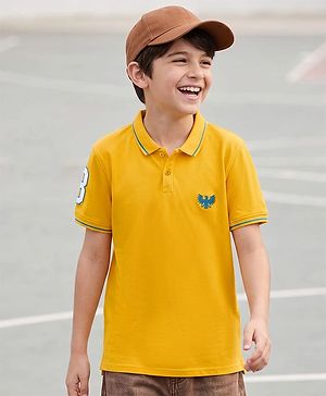 Pine Kids Cotton Knit Half Sleeves Polo T-Shirt with  Eagle Embroidered - Yellow