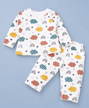 Babyhug Cotton Knit Full Sleeves Quilted Co-Ords T-Shirt & Pyjama Winter Wear Night Suit with Cloud Print - White