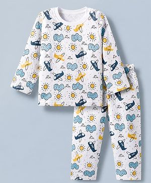 Babyhug Cotton Knit Full Sleeves Quilted Co-Ords T-Shirt & Pyjama Winter Wear Night Suit with Aeroplane Print - White