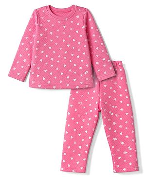 Babyhug Cotton Knit Full Sleeves Quilted Co-Ords T-Shirt & Pyjama Winter Wear Night Suit with Heart Print - Pink