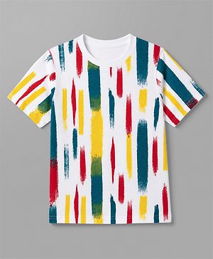 Pine Kids Cotton Knit Half Sleeves T-Shirt with Vertical Brush Stroke Print - White