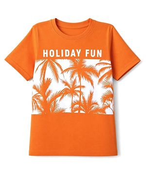 Pine Kids Cotton Knit Half Sleeves T-Shirt with Holiday Fun & Palm Tree Print - Orange