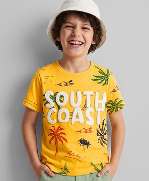 Pine Kids Cotton Knit Half Sleeves T-Shirt with Palm Tree & South Coast Applique - Yellow
