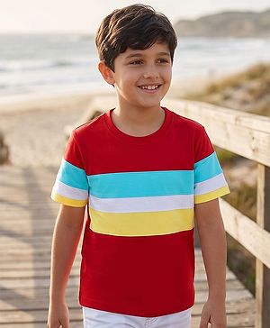 Pine Kids Cotton Knit T-Shirts with Half Sleeves and Color Block Pattern - Red