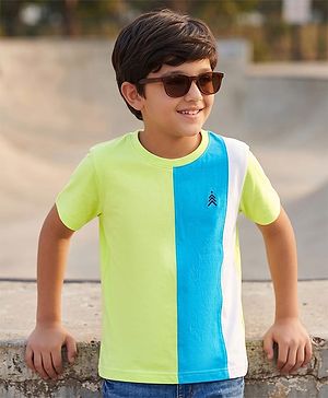 Pine Kids Cotton Knit T-Shirts with Half Sleeves and Color Block Pattern - Limegreen